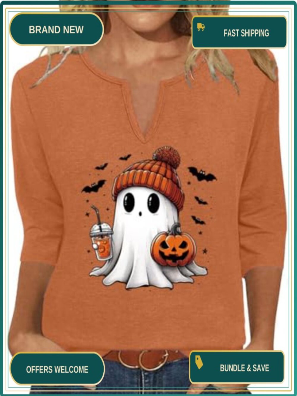 Women's Halloween Pumpkin T-Shirt 3/4 Sleeve V-Neck Fall Graphic Tee